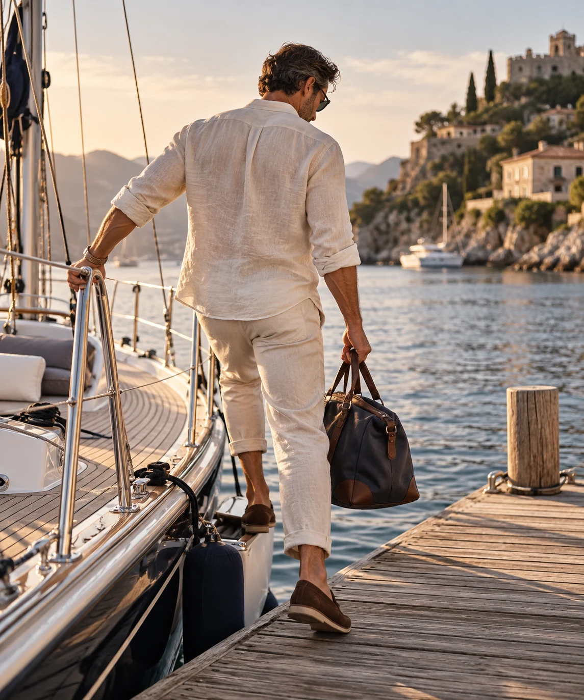 Hombre bajando de un velero moderno